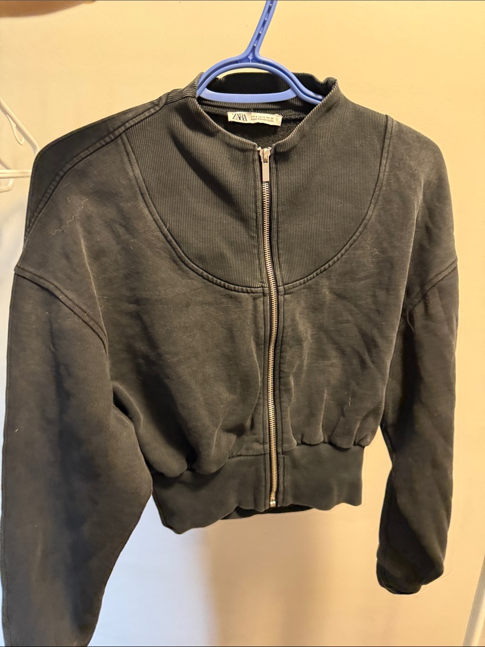 Zara Washed Black Cropped Zip Jacket